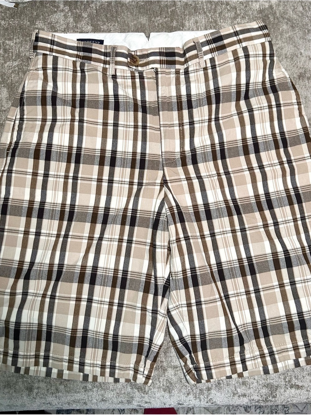 Lands' End Plaid Flat-Front Shorts in Beige, Brown & White